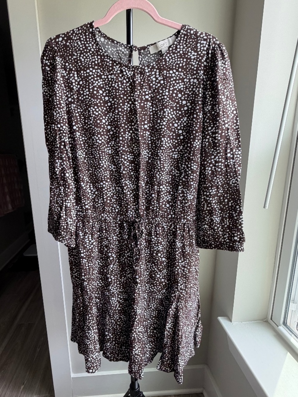 LOFT L/S Polka Dot Dress Open Keyhole Back Size XL